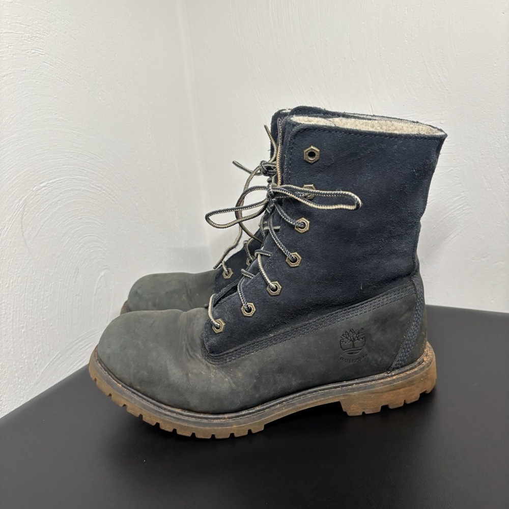 Timberland Women Teddy Fleece Fold Down Navy Blue‎ Leather Boots Sz 8.5 -EU 39.5